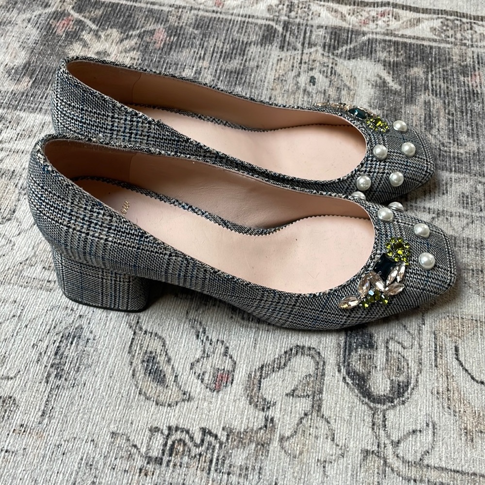 J crew plaid block heels